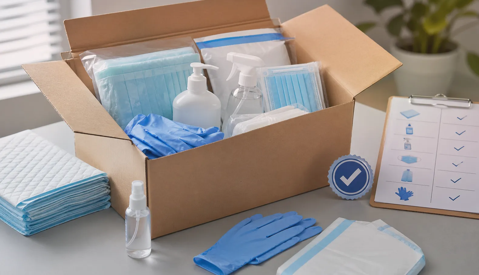 Geöffnete Box mit Pflegehilfsmitteln zum Verbrauch — Handschuhe, Mundschutz und Desinfektionsmittel.