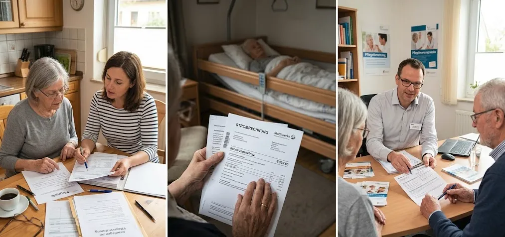 Mehrere Personen besprechen Pflegedokumente an einem Tisch — Vorbereitung einer Höherstufung.