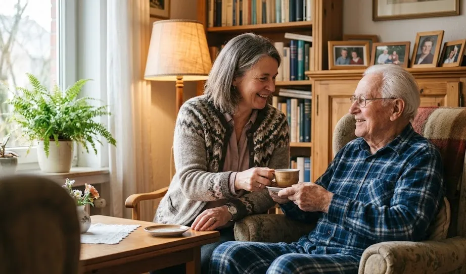 Zwei Senioren sitzen an einem Tisch und trinken Kaffee in einer Pflegeeinrichtung.