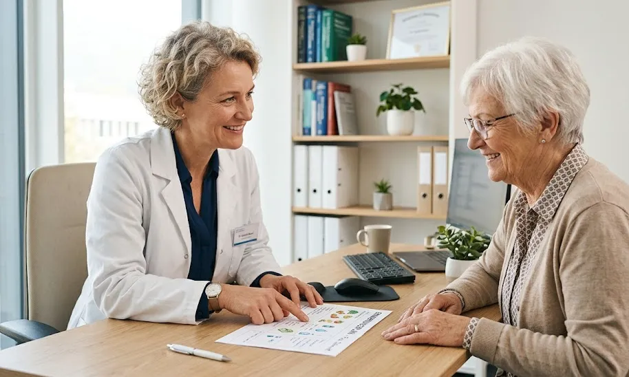 Pflegeberaterin und Seniorin sitzen an einem Tisch und unterhalten sich freundlich.
