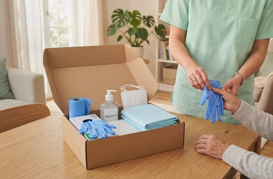 Eine Seniorenpflegerin gibt einer älteren Person Einmalhandschuhe — typische Pflegehilfsmittel aus der monatlichen Pflegebox.