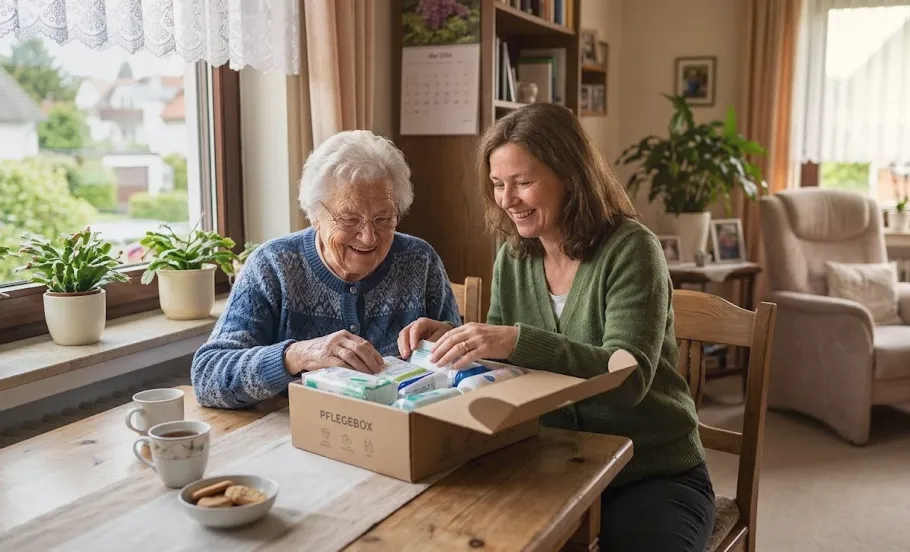 Zwei Frauen sitzen am Holztisch und öffnen gemeinsam eine Pflegebox mit Pflegehilfsmitteln.