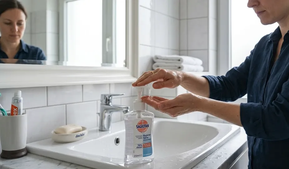 Hände-Desinfektion aus einer Pumpflasche — eines der häufigsten Verbrauchsprodukte in der häuslichen Pflege.