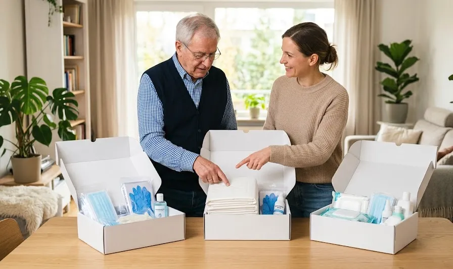 Zwei Personen betrachten geöffnete Pflegeboxen mit medizinischen Produkten auf einem Tisch.