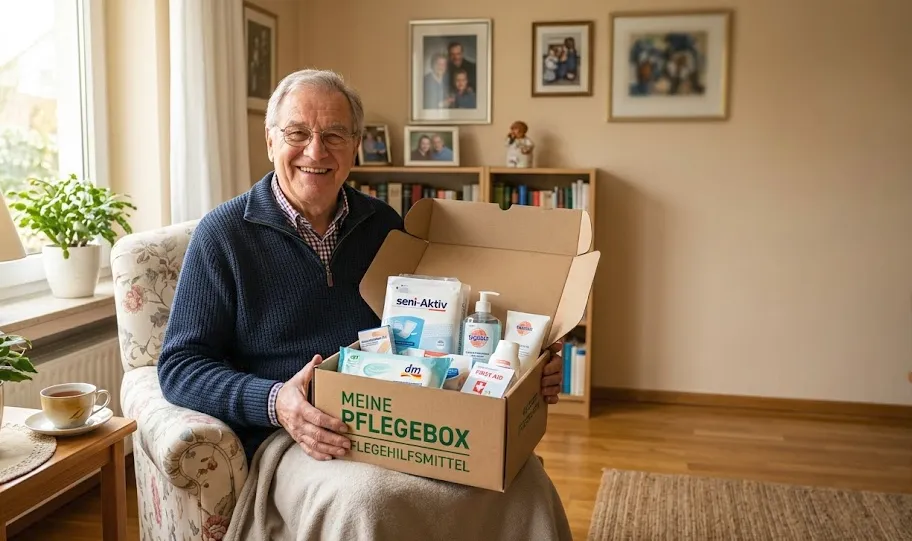 Älterer Herr sitzt lächelnd in einem Sessel und hält eine Pflegebox mit verschiedenen Pflegeartikeln.