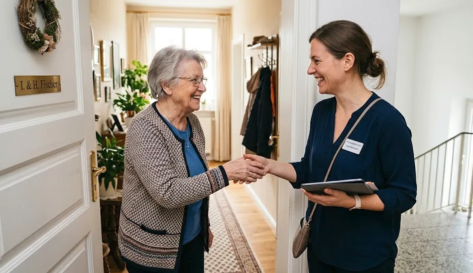 Eine Pflegekraft besucht eine ältere Dame zu Hause und zeigt ihr Informationen auf einem Tablet.