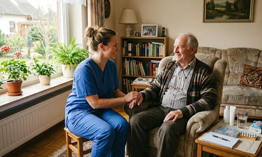 Eine Pflegerin und ein Senior sitzen lächelnd in einem Wohnzimmer — eine ruhige Szene aus dem Pflegealltag bei Pflegegrad 2.