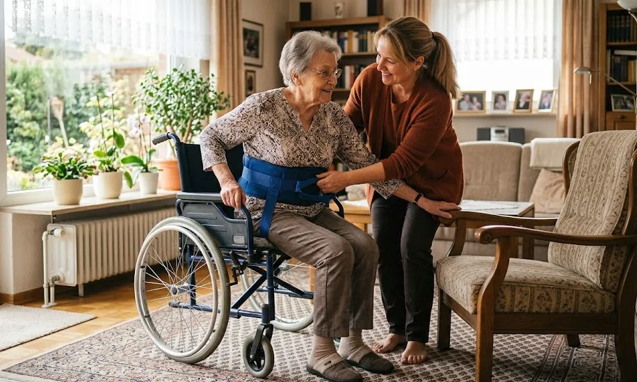 Eine pflegende Person hilft einer älteren Dame im Rollstuhl beim Bewegen — eine typische Szene aus dem Alltag mit Pflegegrad 3.