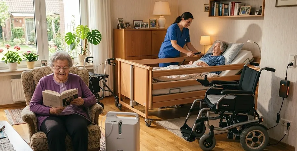 Eine Pflegerin versorgt eine ältere Person im Pflegezimmer — ruhige, achtsame Szene aus dem Alltag mit Pflegegrad 5.