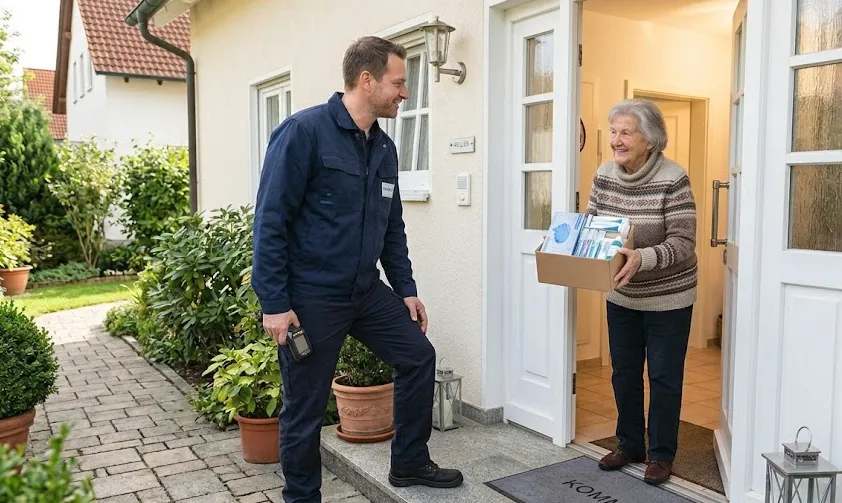 Ein Pflegeberater und eine ältere Dame stehen vor einem Haus und tauschen sich aus.