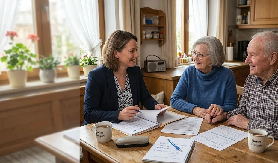 Drei Personen sitzen an einem Tisch und besprechen Dokumente zur Pflegeantragstellung.