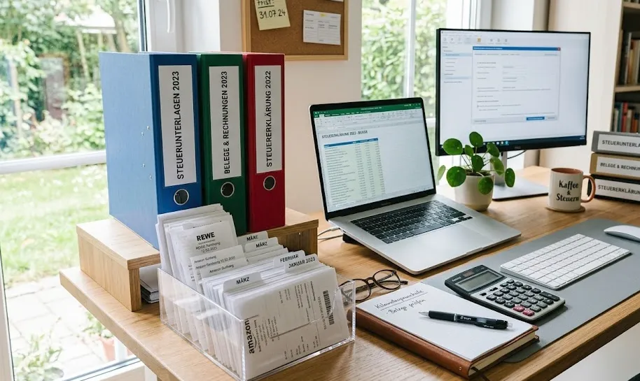 Schreibtisch mit Aktenordnern, Laptop und einer Pflanze — symbolisch für die Pflegekasse, die den Antrag bearbeitet.