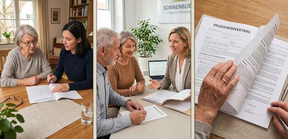 Eine Mitarbeiterin berät Senioren bei der Unterzeichnung eines Pflegeheimvertrags am Tisch.
