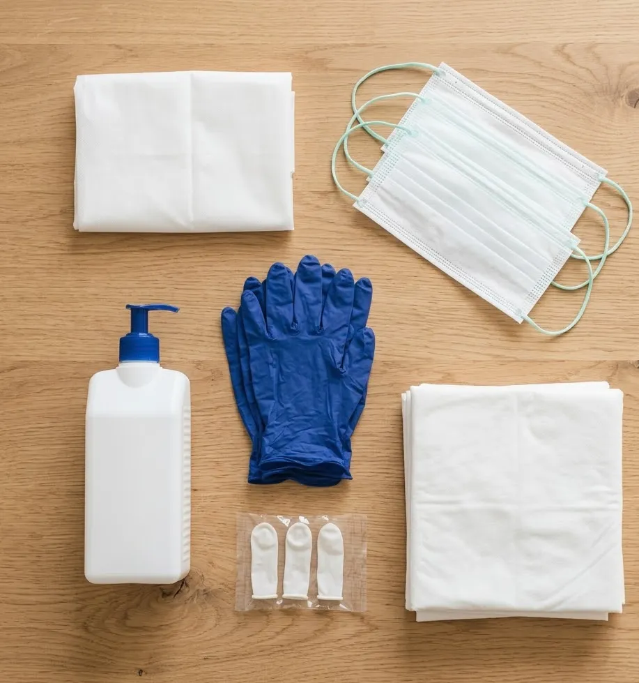 Pflegehilfsmittel zum Verbrauch — Handschuhe, Mundschutz, Desinfektionsmittel und Tücher auf einem Holztisch.