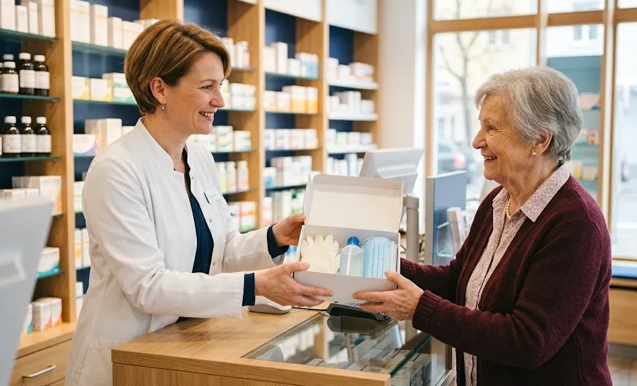 Pharmazeutin übergibt einer älteren Frau eine Box mit Pflegehilfsmitteln in einer Apotheke.