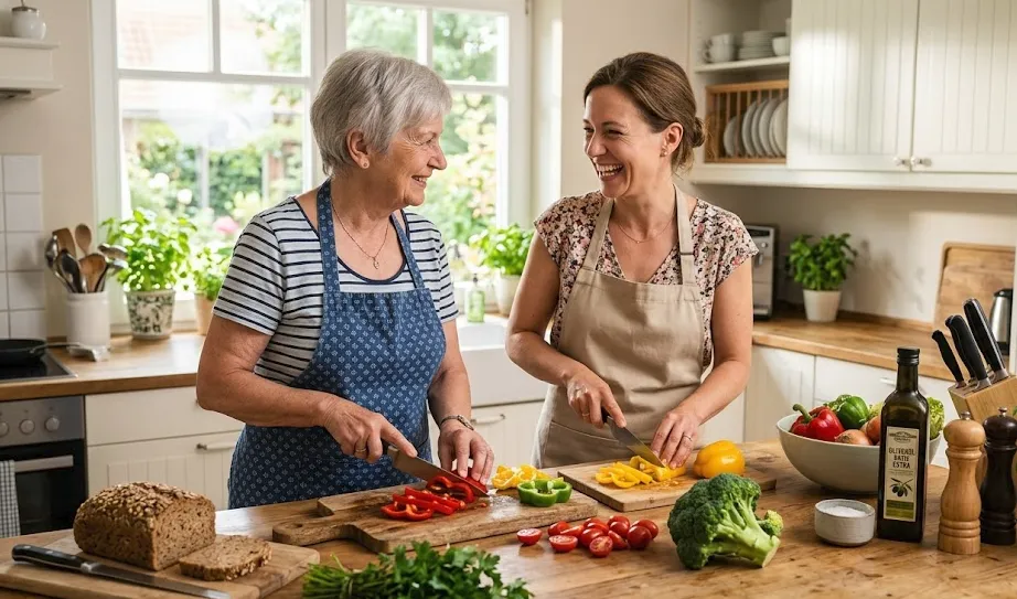Zwei Frauen unterschiedlicher Generationen stehen gemeinsam in einer Küche und schneiden Gemüse.