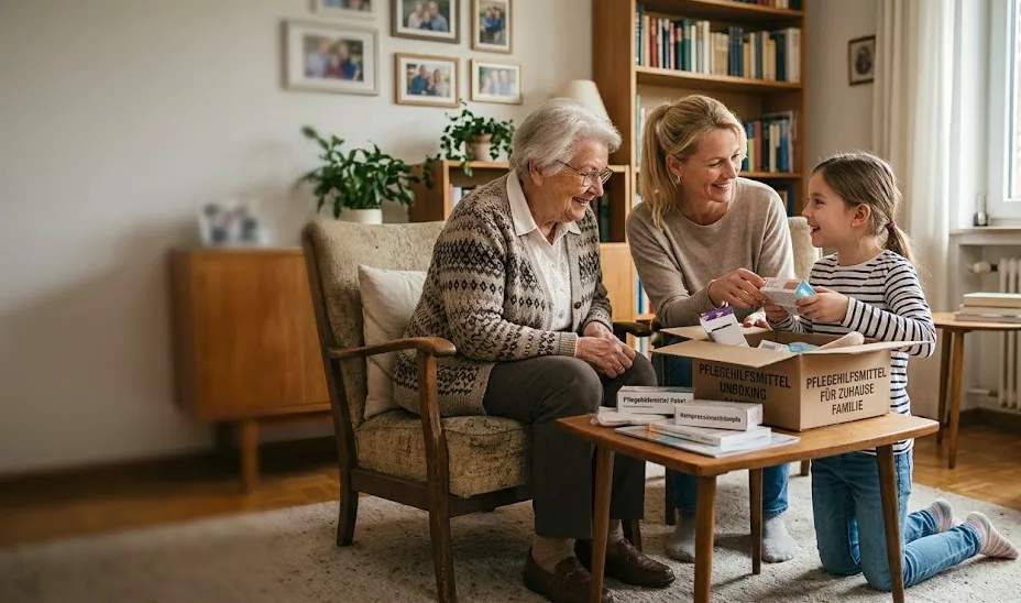 Drei Generationen sitzen in einem Wohnzimmer zusammen — eine ältere Frau, eine erwachsene Frau und ein Kind.