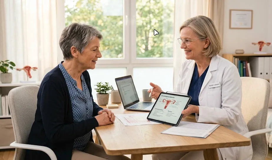 Eine ältere Frau spricht mit einer Pflegeberaterin, die ein Tablet hält und Dokumente zeigt.