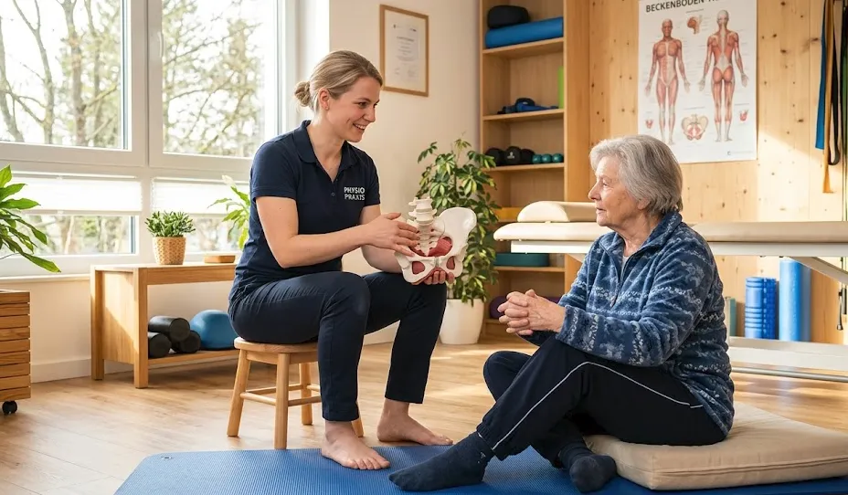 Eine Physiotherapeutin erklärt einer älteren Person ein Modell des menschlichen Körpers.