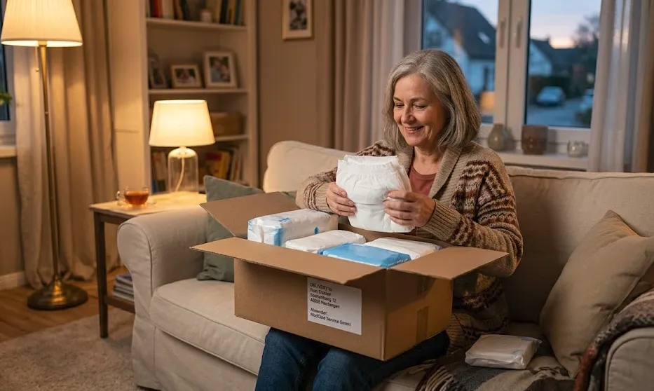 Eine Frau sitzt auf dem Sofa und packt eine Lieferung mit Pflegehilfsmitteln aus.