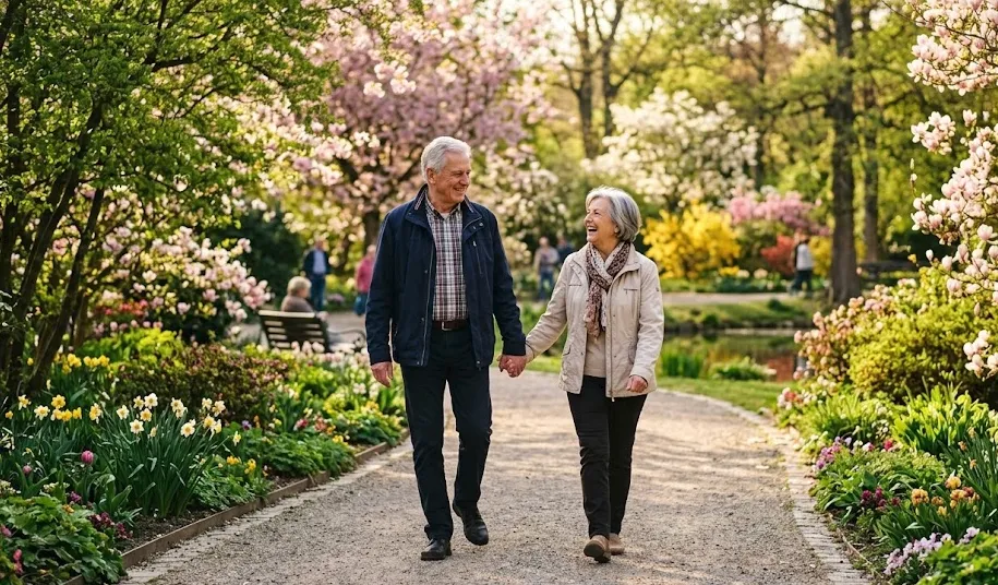 Ein älteres Paar spaziert Hand in Hand durch einen blühenden Park — Sinnbild für die Auszeit, die Verhinderungspflege ermöglicht.