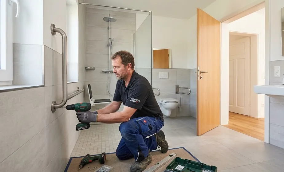 Ein Pflegeberater installiert eine barrierefreie Dusche im Bad — typische wohnumfeldverbessernde Maßnahme.